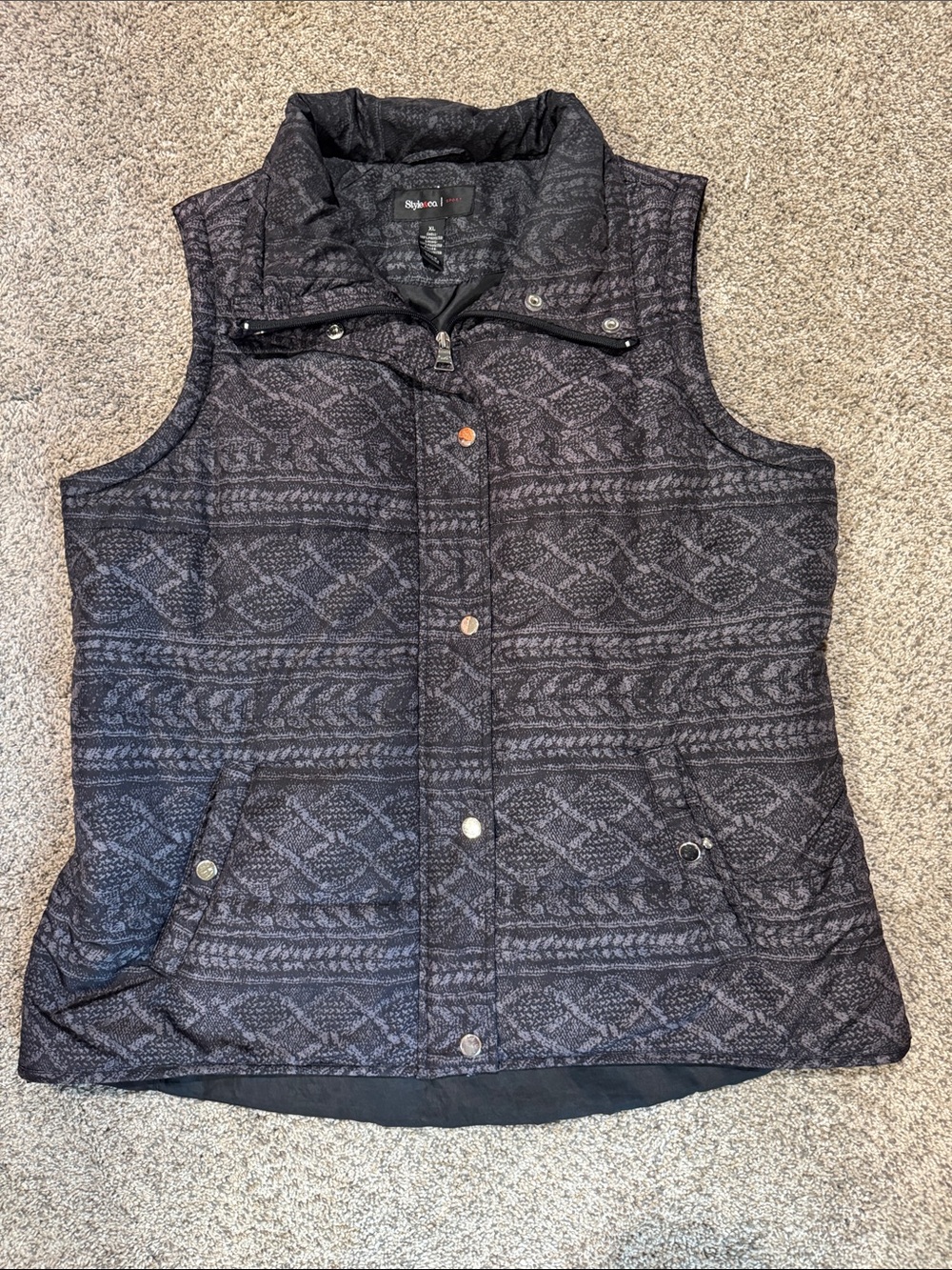 Style & Co. Quilted Black Patterned Puffer Vest with Zipper and Snap Front